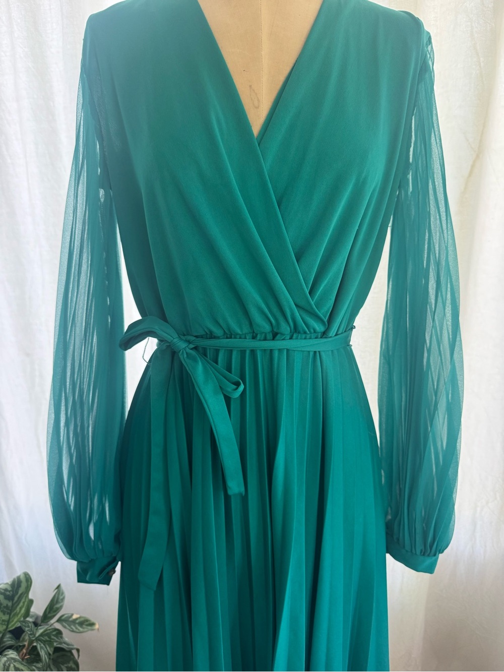 Vintage Sears Teal Pleated Midi Dress Medium Sheer Bishop Sleeves 70s 80s